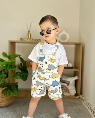 Yeni Sezon Beyaz Tişört Dinozor Salopet
