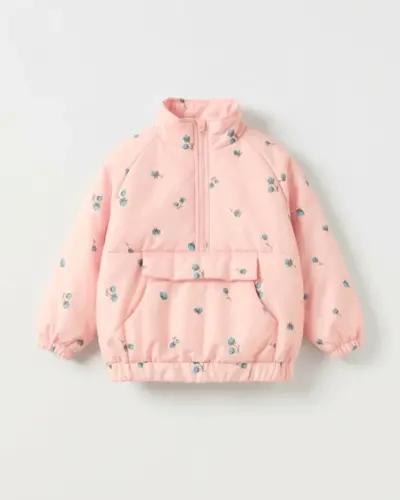 Pembe Çiçekli Yarım Fermuar Mont