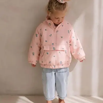 Pembe Çiçekli Yarım Fermuar Mont